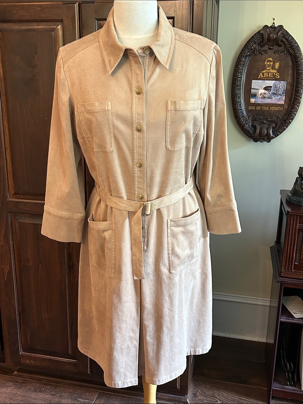 Talbots Sz 14 Women's Tan UltraSuede Belted Midi Shirt Dress